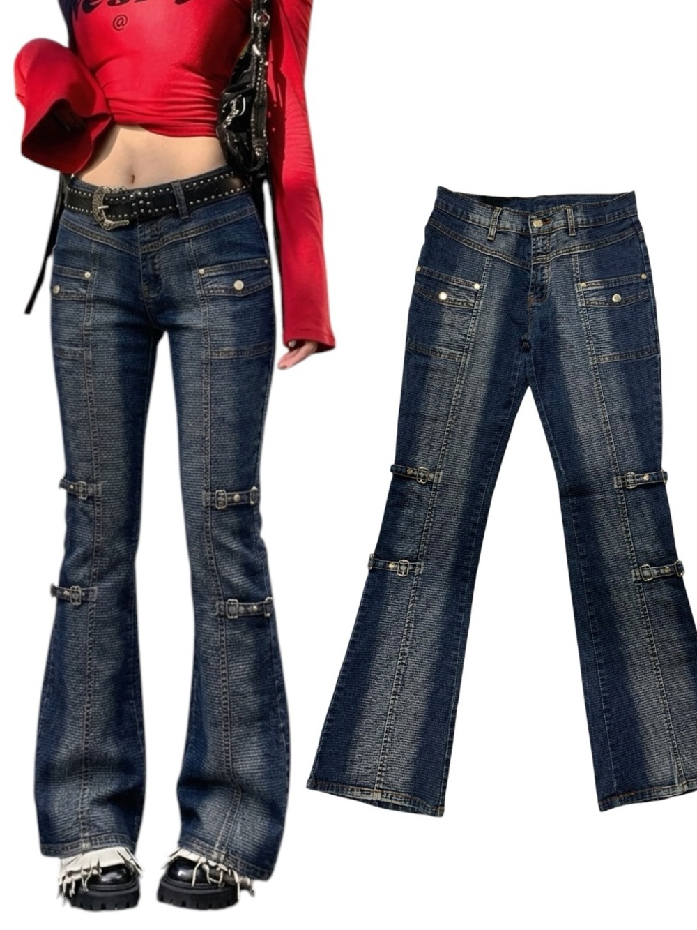 Y2K Vintage Grunge StreetwearBuckle Straps Dark Wash Denim Flare Jean 29W